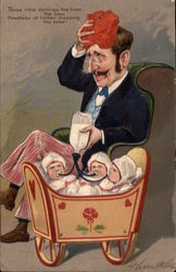 Man Feeding Three Babies In Cradle Postcard