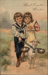 Lamb Bears Egg Baskets and Leads Children Along Path Postcard