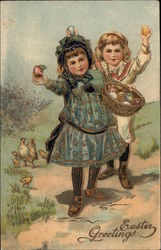 Two Children with Easter Eggs, Chicks in Background Postcard