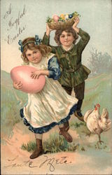 Children with Easter Eggs and Hen Postcard