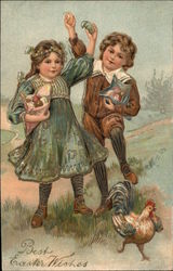 Boy and Girl with Easter Eggs and Chicken With Children Postcard Postcard