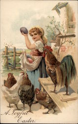 Girl with Eggs and Chickens With Children Postcard Postcard