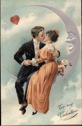 Kissing Couple on Crescent Moon Postcard