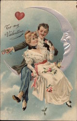 To My Valentine - Couple Sitting on Moon Couples Postcard Postcard