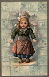 Dutch GIrl on Blue and White Dutch Tile Background Postcard