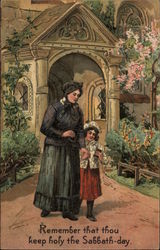 Woman and Child Outside a Church Postcard