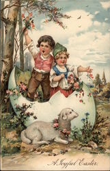 Two Children in Broken Eggshell With Lamb Postcard