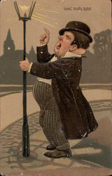 Fat Man Demanding A Lamp Light Postcard