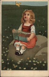 Blonde GIrl with Empty Bird Cage and Small Yellow Bird Postcard