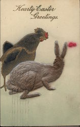 Embossed Hen and Rabbit with Pink Eggs Postcard