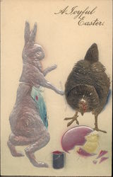 Rabbit and Hen with Broken Egg and Chick With Bunnies Postcard Postcard