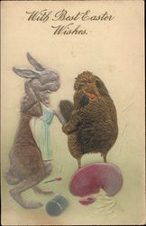 Rabbit and Hen with Broken Egg With Bunnies Postcard Postcard