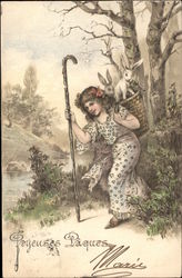 Joyeuses Paques - Girl Carrying Basket of Rabbits Postcard