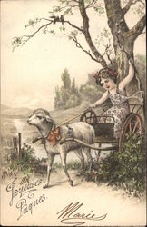 Joyeuses Paques - Child with Sheep and Cart With Children Postcard Postcard