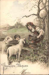 Girl and Boy at Fence with Two Sheep With Lambs Postcard Postcard