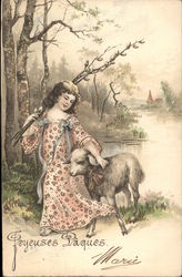 Child with Lamb by a Pond With Children Postcard Postcard