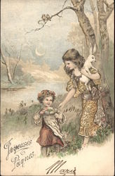 Two Girls with Bunny and Plate of Eggs Postcard