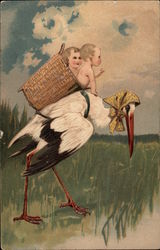 Stork with Babies in Basket Storks Postcard Postcard