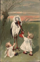 Babies with Stork Storks Postcard Postcard