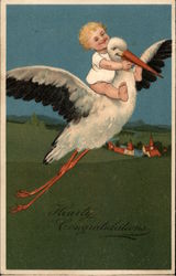 Baby riding a stork Storks Postcard Postcard