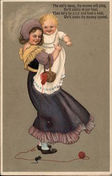 Two Children Playing with Yarn and Mouse Postcard