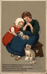 Two Girls with Cats Postcard