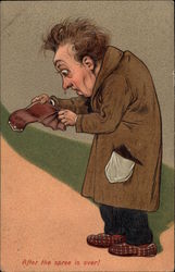 Man Looking at Empty Wallet Caricatures Postcard Postcard