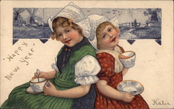 Two Dutch Girls With Teacups Postcard