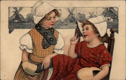 Two Dutch Girls in Chair with Clogs Postcard