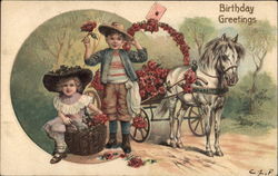 Birthday Greetings - Children with Horse and Flower Cart Postcard Postcard