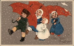 Four Children with Red Umbrellas Postcard