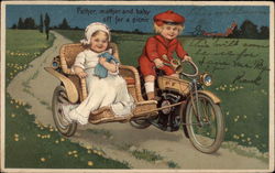 Father, Mother and Baby Off For a Picnic Postcard