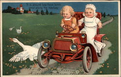 Children In Toy Car with Geese Postcard