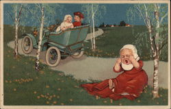 Three Children Riding in Automobile Postcard