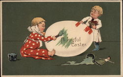 Two Children Painting Easter Egg With Children Postcard Postcard