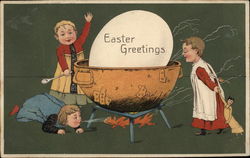 Easter Greetings - Children Cooking a Giant Egg Postcard