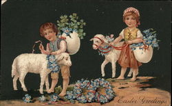 Children with Lambs and Blue Flowers With Children Postcard Postcard