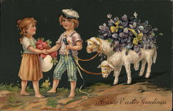 Hearty Easter Greetings - Children with Lambs With Children Postcard Postcard