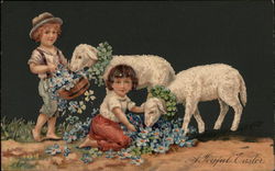 Two Children with Lambs and Flowers Postcard