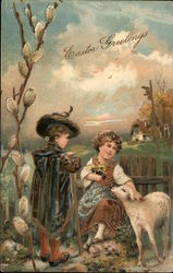 Easter Greetings - Children with Lamb Postcard