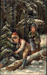 Two Children Cutting Down Christmas Trees Postcard