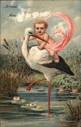 Baby in Pink Sash Riding a Stork Storks Postcard Postcard