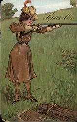 Woman in Brown Hunting Gear with Gun Months Postcard Postcard