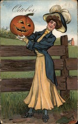 Woman Holding a Jack O'Lantern Postcard