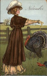 Woman in Brown Feeding Turkeys Months Postcard Postcard