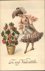 To My Valentine - Woman Watering Potful of Hearts Postcard