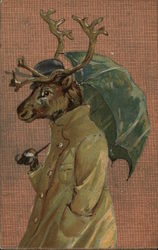 Reindeer in Raincoat with Bowler Hat and Umbrella Postcard Postcard