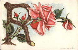 Large Wooden R with Pink Roses Postcard