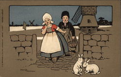 Dutch Children with Basket and Two White Rabbits Postcard Postcard