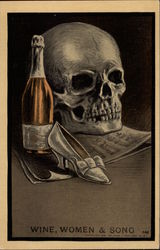 Skull with Music, Shoe and Wine Bottle Death Postcard Postcard